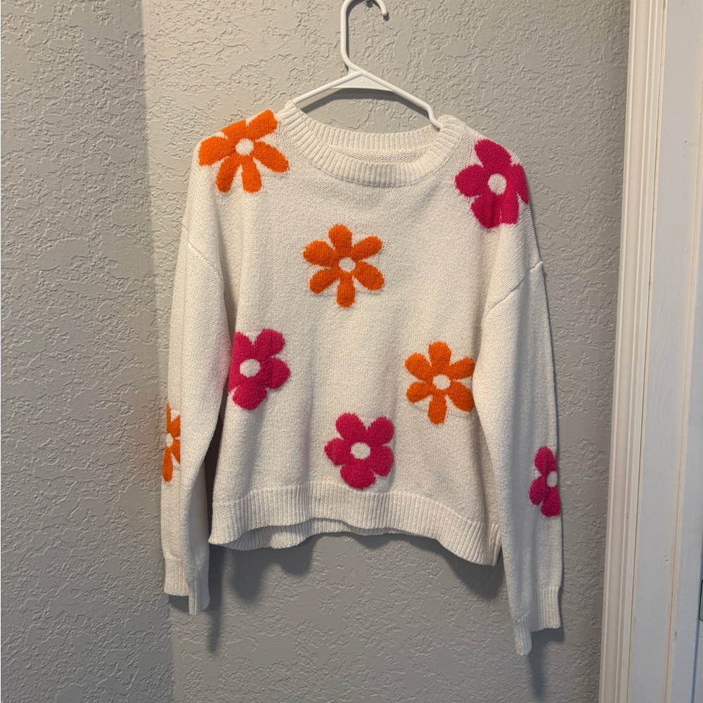 White Floral Crewneck Sweater with Pink and Orange Flowers